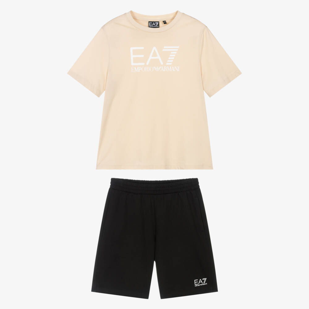 EA7 Emporio Armani-Boys Beige & Black Cotton Jersey Shorts Set with Logos | Childrensalon Outlet