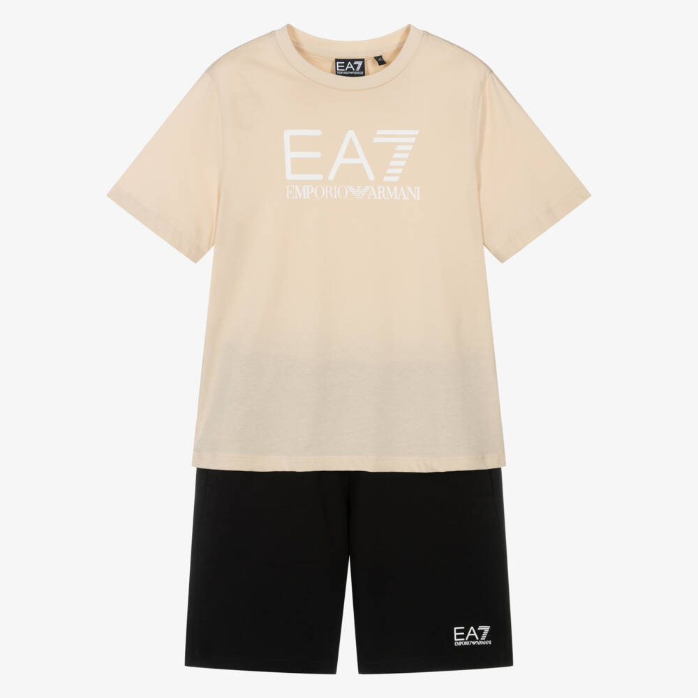 EA7 Emporio Armani-Boys Beige & Black Cotton Jersey Shorts Set with Logos | Childrensalon Outlet