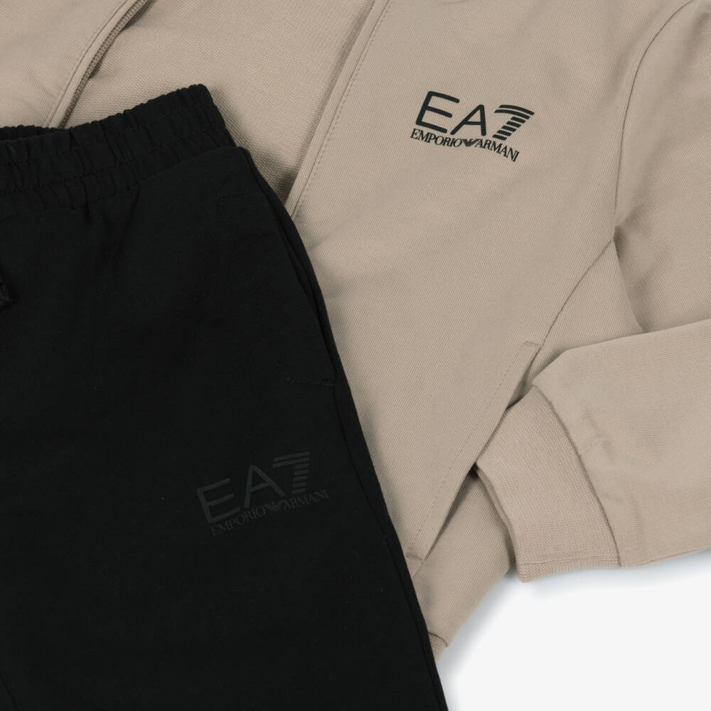 EA7 Emporio Armani-Boys Beige & Black Cotton Tracksuit with Hood & Black Logos | Childrensalon Outlet