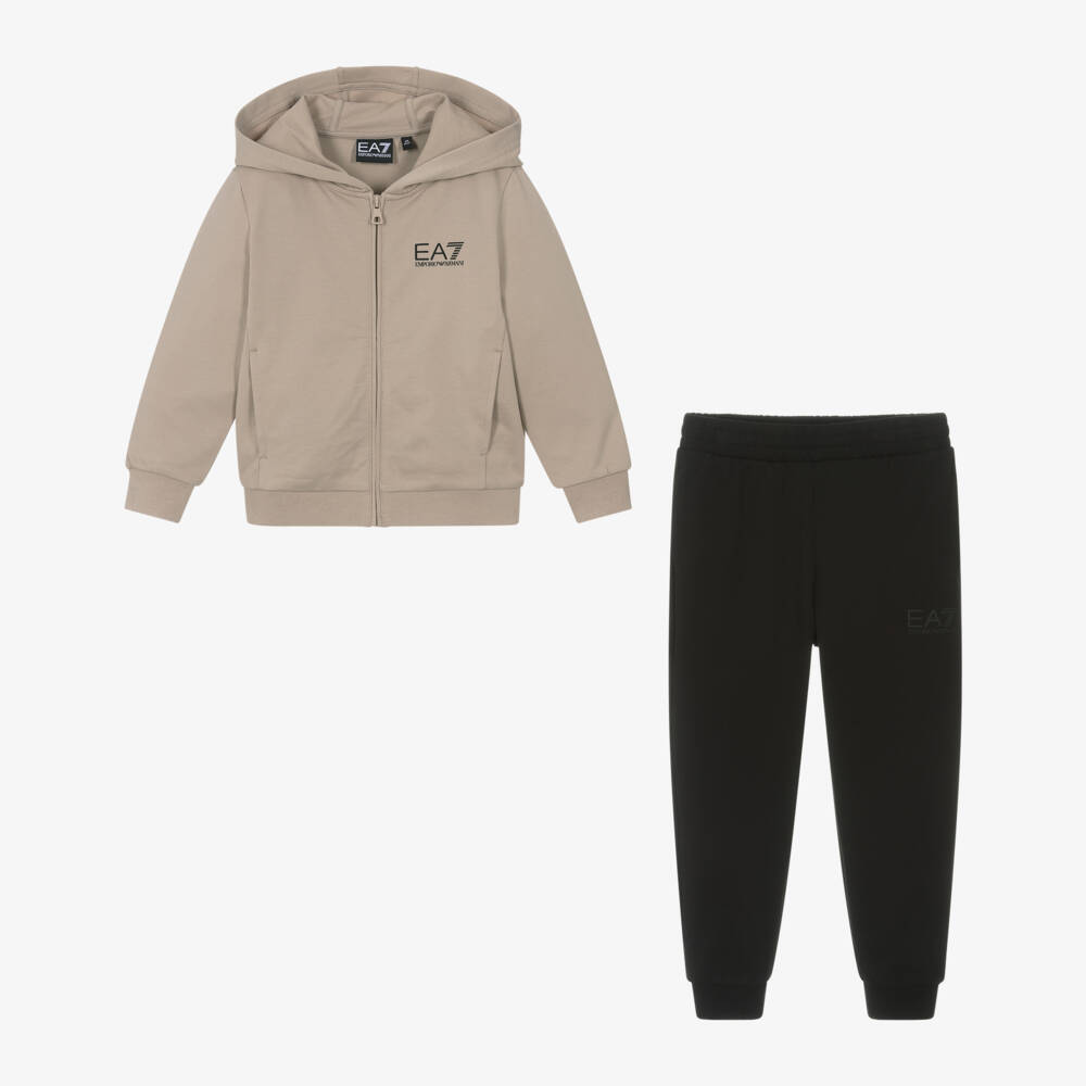 EA7 Emporio Armani-Boys Beige & Black Cotton Tracksuit with Hood & Black Logos | Childrensalon Outlet