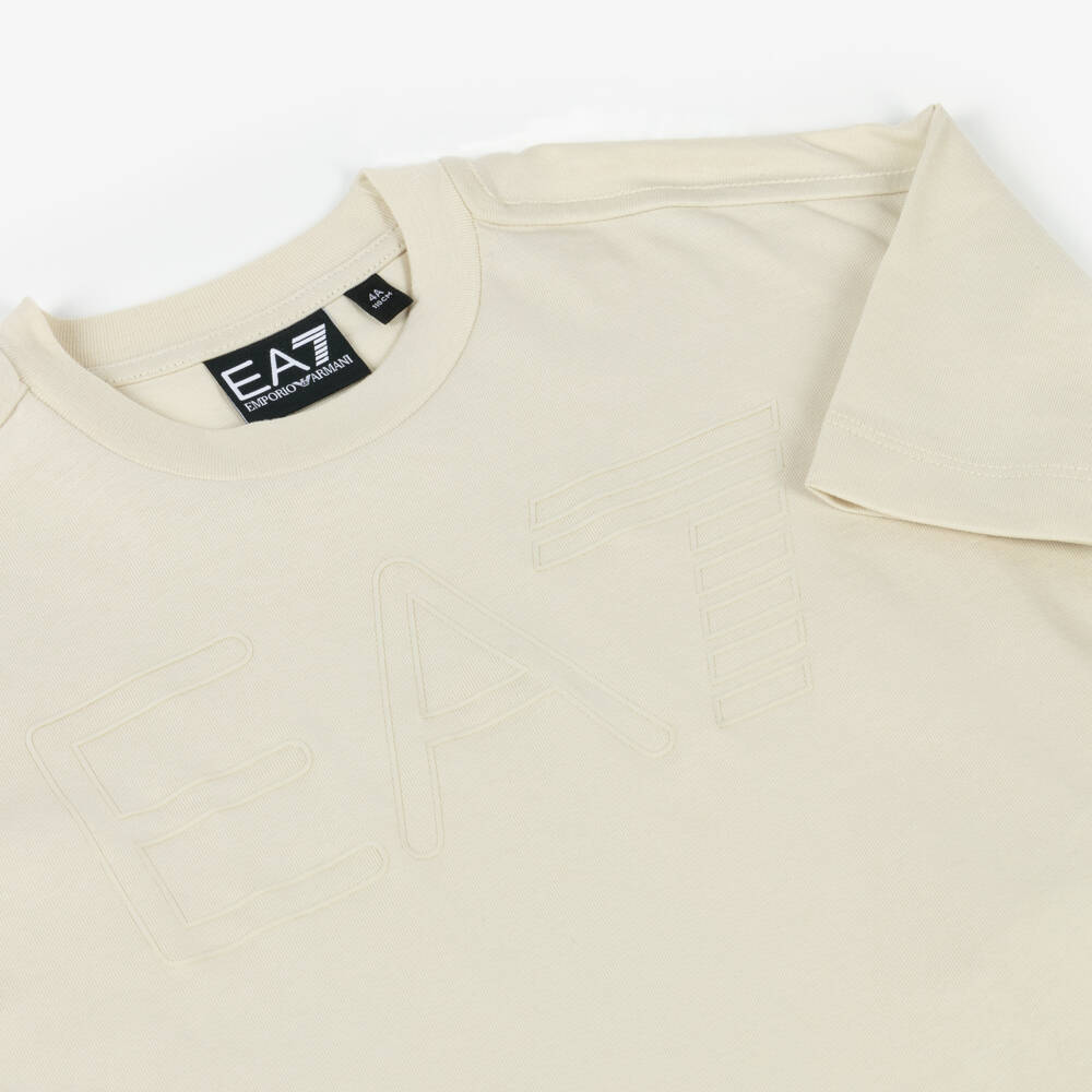 EA7 Emporio Armani-Boys Beige Cotton Logo Tee | Childrensalon Outlet