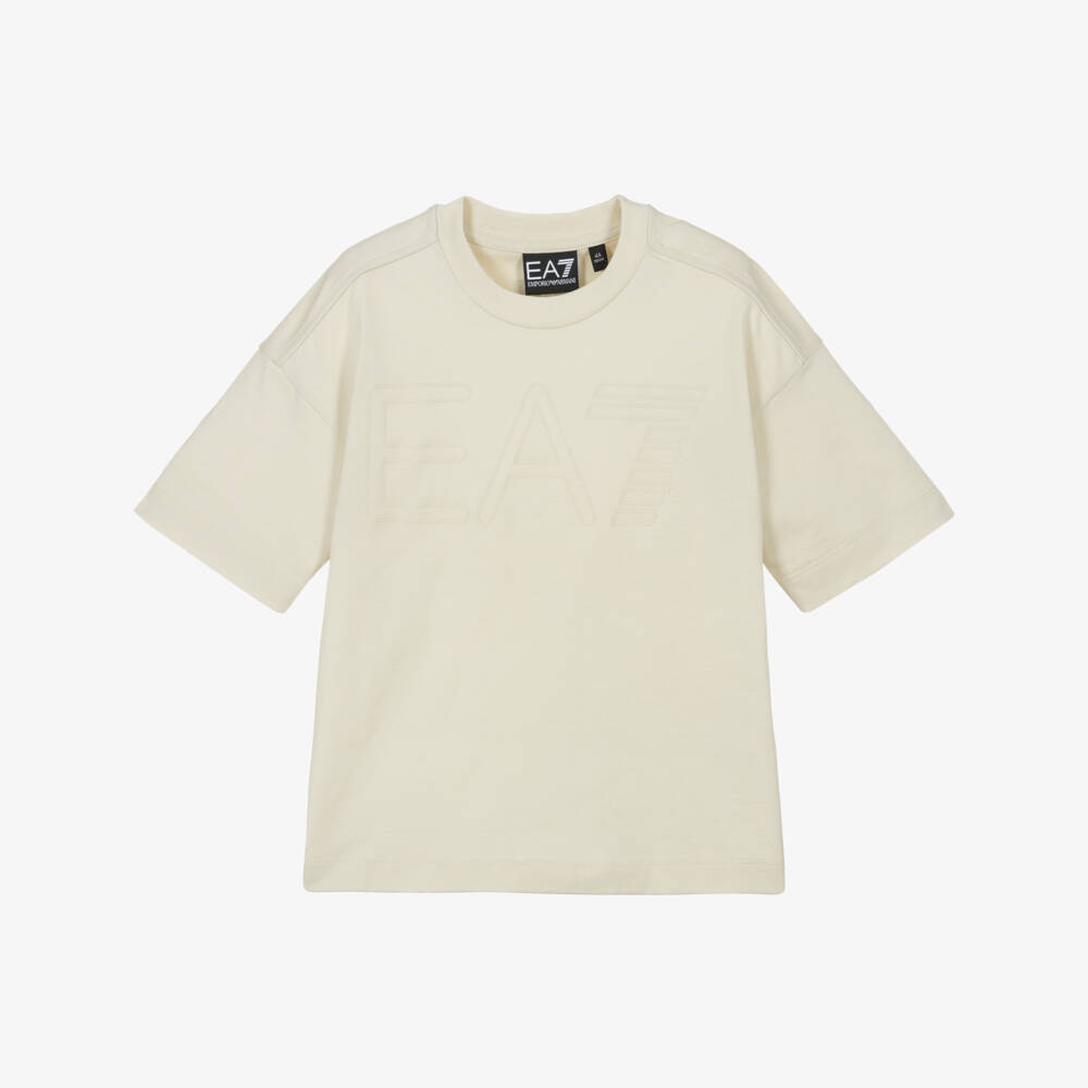 EA7 Emporio Armani-Boys Beige Cotton Logo Tee | Childrensalon Outlet