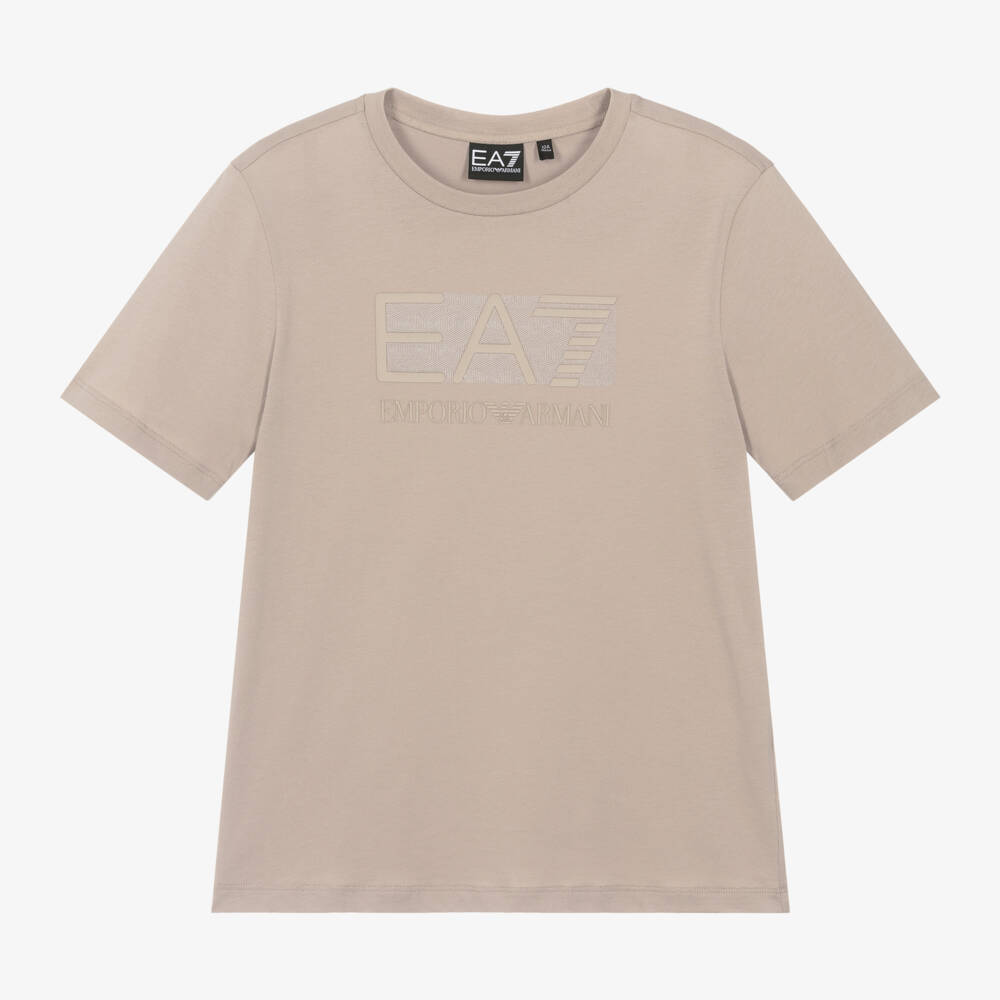EA7 Emporio Armani-Boys Beige Cotton Logo Tee | Childrensalon Outlet