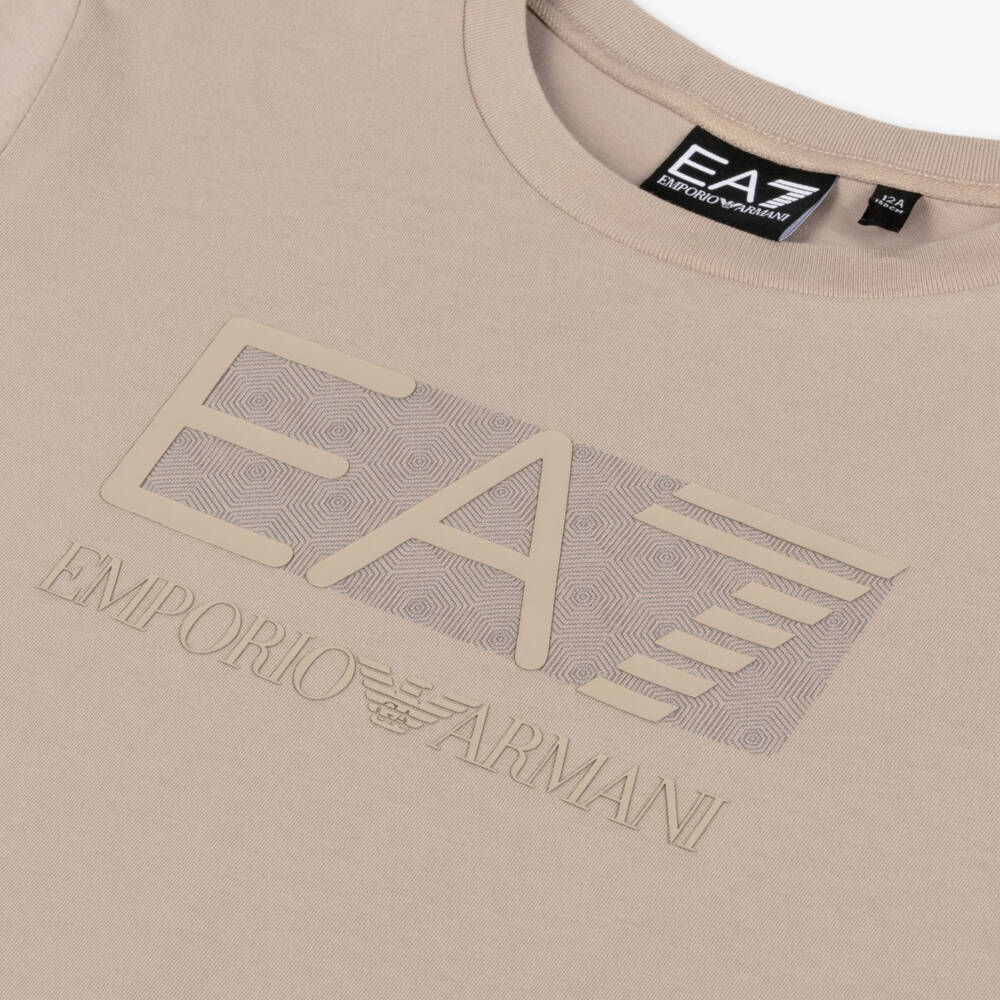 EA7 Emporio Armani-Boys Beige Cotton Logo Tee | Childrensalon Outlet