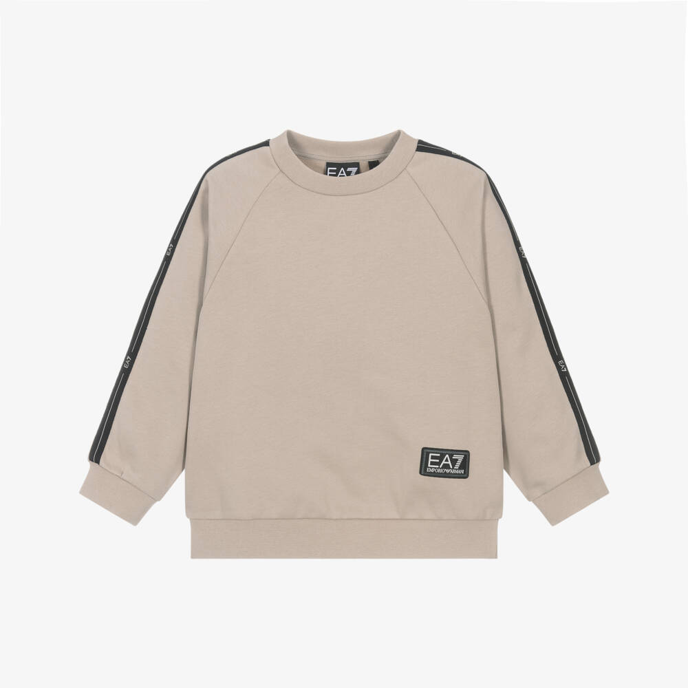 EA7 Emporio Armani-Boys Beige Cotton Sweatshirt with Black Logo Tape | Childrensalon Outlet