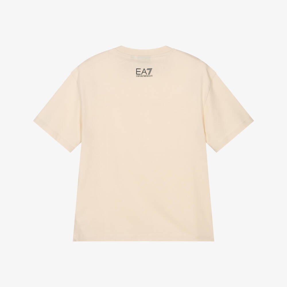 EA7 Emporio Armani-Boys Beige Cotton T-Shirt with Striped Red Logo | Childrensalon Outlet