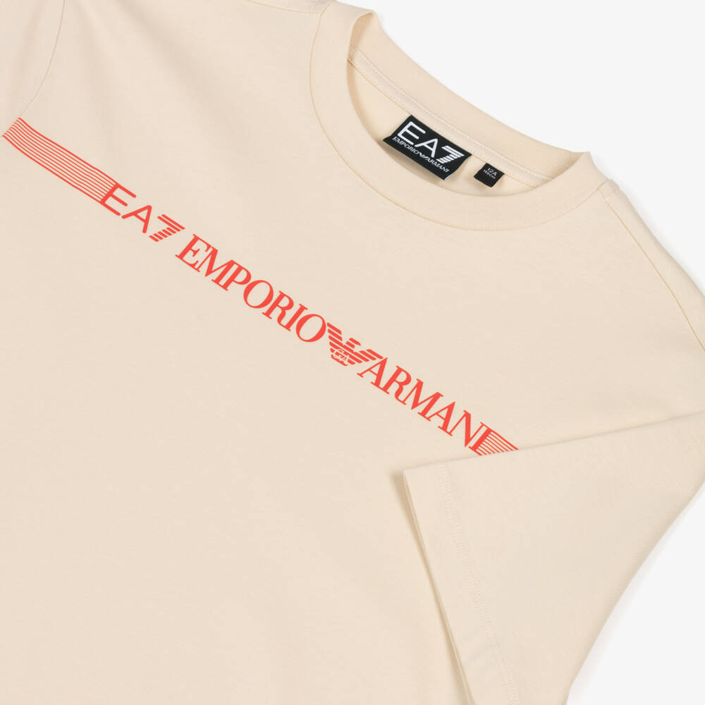 EA7 Emporio Armani-Boys Beige Cotton T-Shirt with Striped Red Logo | Childrensalon Outlet