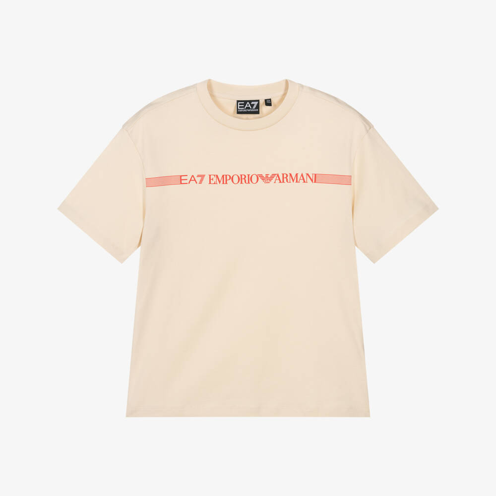 EA7 Emporio Armani-Boys Beige Cotton T-Shirt with Striped Red Logo | Childrensalon Outlet