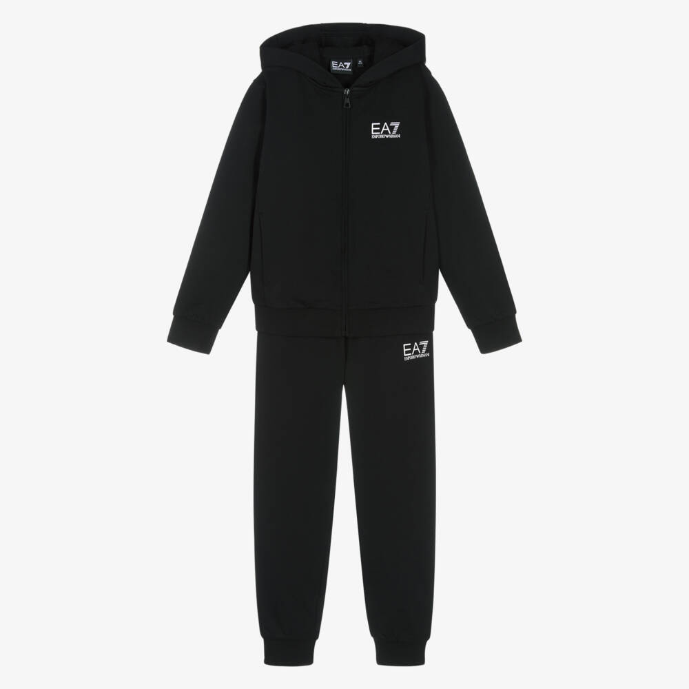 EA7 Emporio Armani-Boys Black Cotton Hooded Tracksuit with EA7 Logo | Childrensalon Outlet