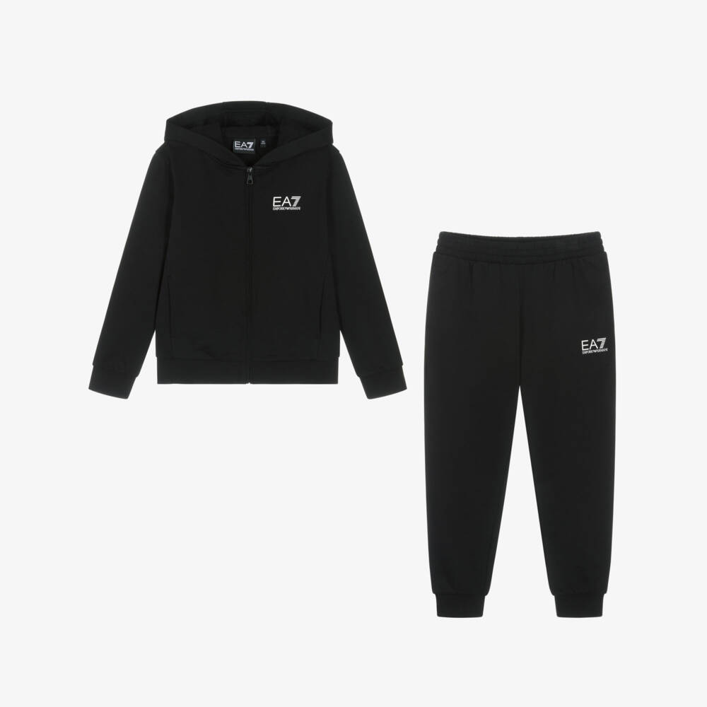 EA7 Emporio Armani-Boys Black Cotton Hooded Tracksuit with EA7 Logo | Childrensalon Outlet