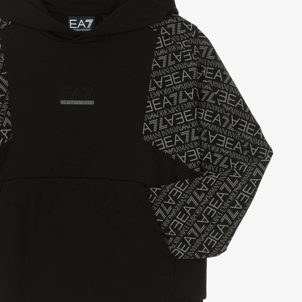 EA7 Emporio Armani-Boys Black Cotton Hoodie with Logo Sleeves | Childrensalon Outlet