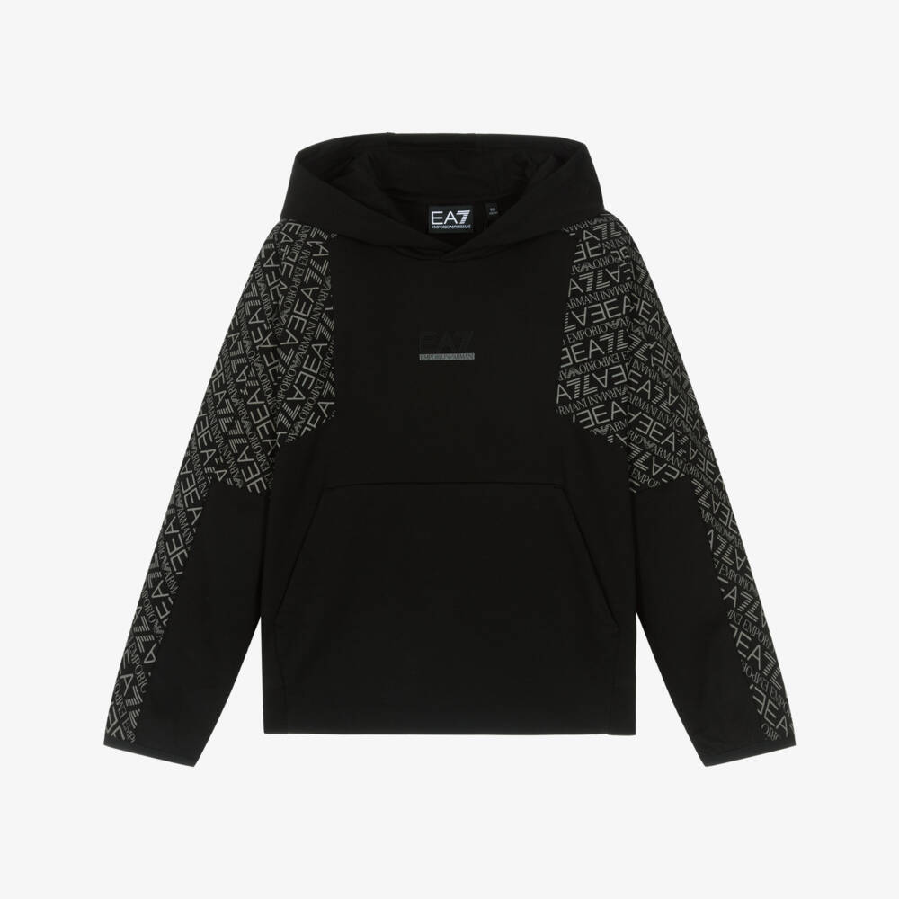 EA7 Emporio Armani-Boys Black Cotton Hoodie with Logo Sleeves | Childrensalon Outlet