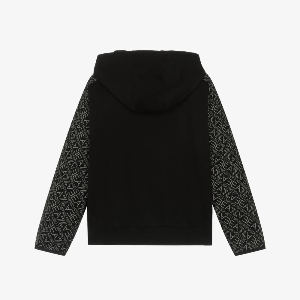EA7 Emporio Armani-Boys Black Cotton Hoodie with Logo Sleeves | Childrensalon Outlet
