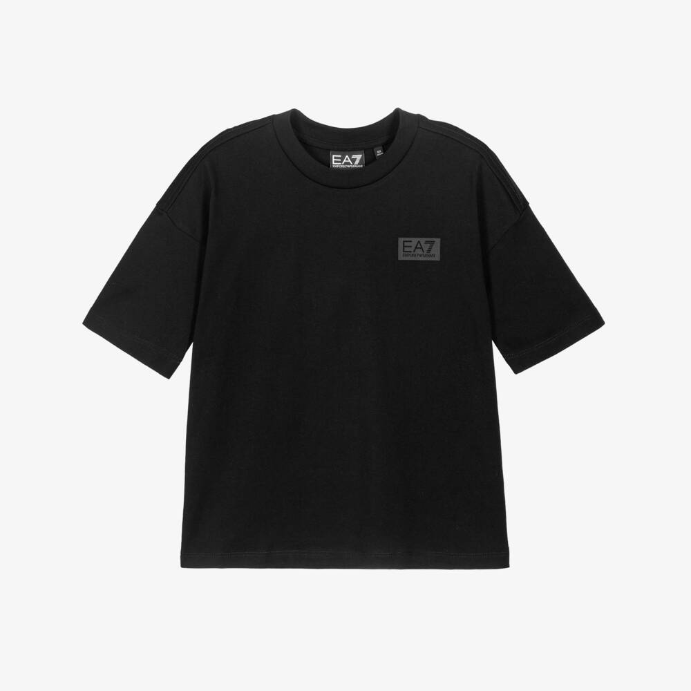 EA7 Emporio Armani-Boys Black Cotton Jersey Logo T-Shirt | Childrensalon Outlet