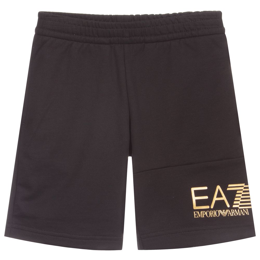 EA7 Emporio Armani - Boys Black Cotton Logo Shorts | Childrensalon