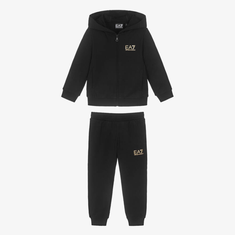 EA7 Emporio Armani-Boys Black Cotton Tracksuit with Hood & Gold Logos | Childrensalon Outlet