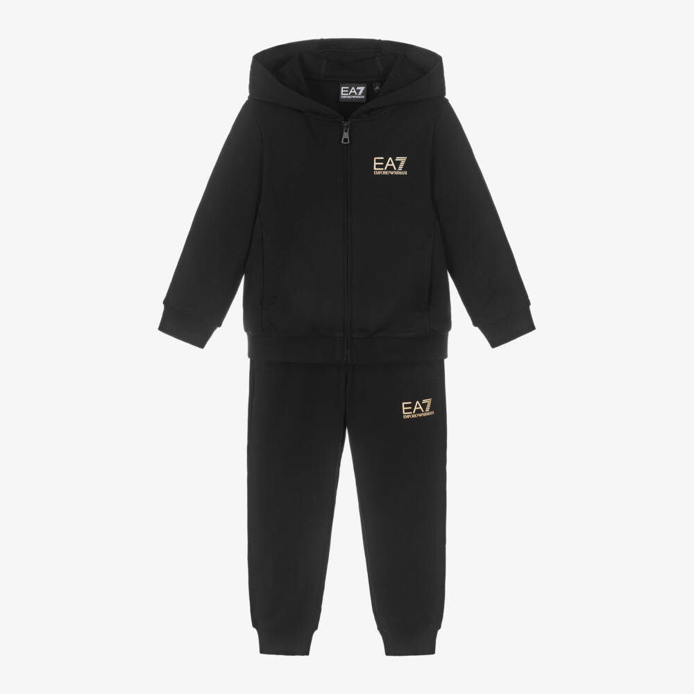 EA7 Emporio Armani-Boys Black Cotton Tracksuit with Hood & Gold Logos | Childrensalon Outlet