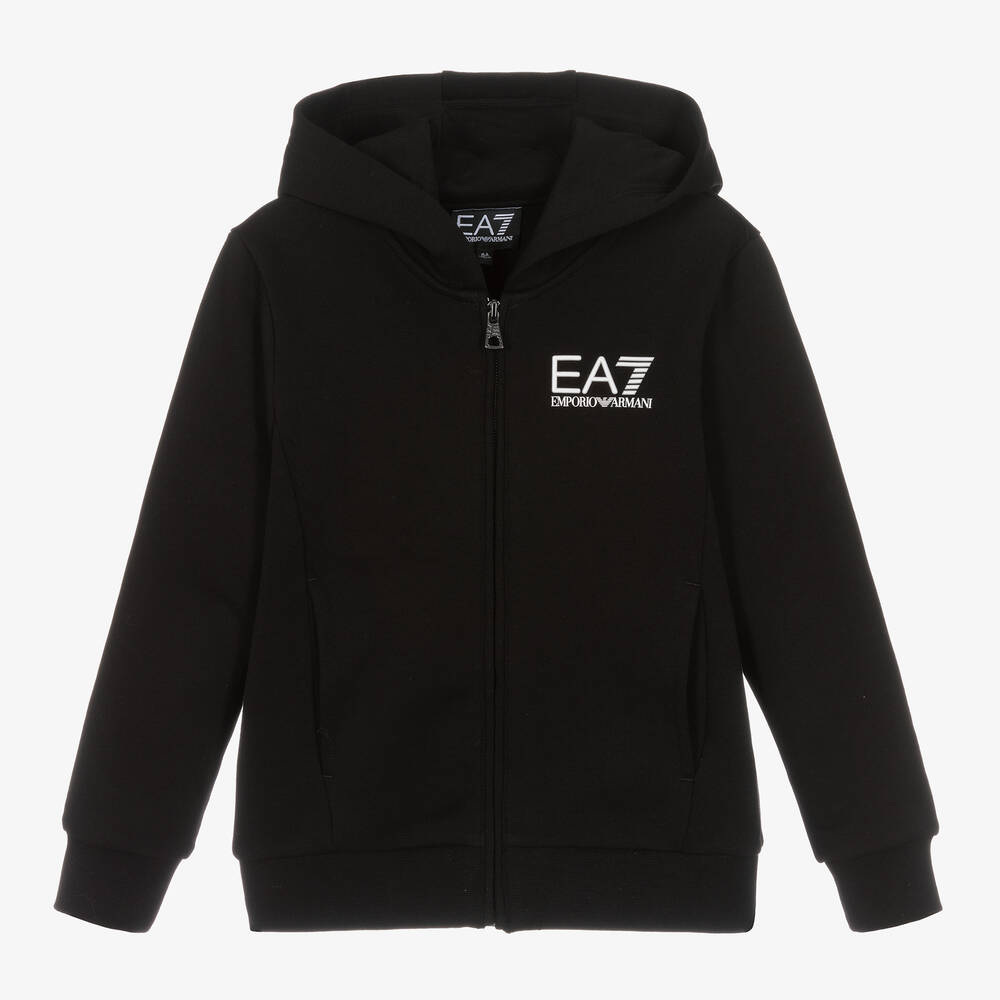 EA7 Emporio Armani - Sweat à capuche noir zippé en coton garçon | Childrensalon