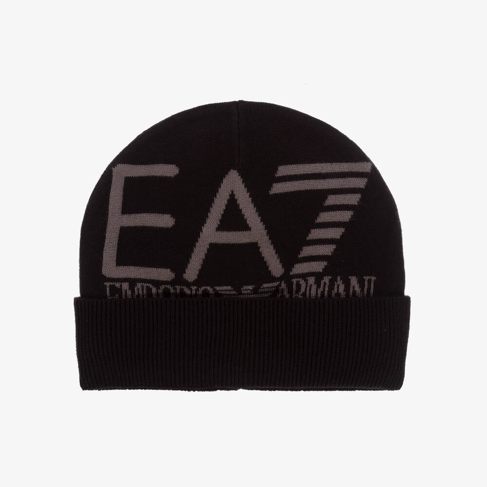 EA7 Emporio Armani-Boys Black EA7 Logo Beanie Hat | Childrensalon Outlet
