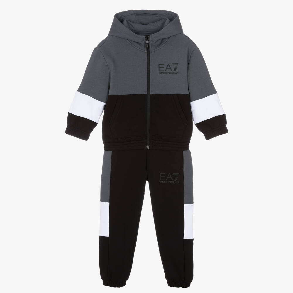 EA7 Emporio Armani - بدلة رياضية قطن جيرسي لون أسود ورمادي للأولاد | Childrensalon
