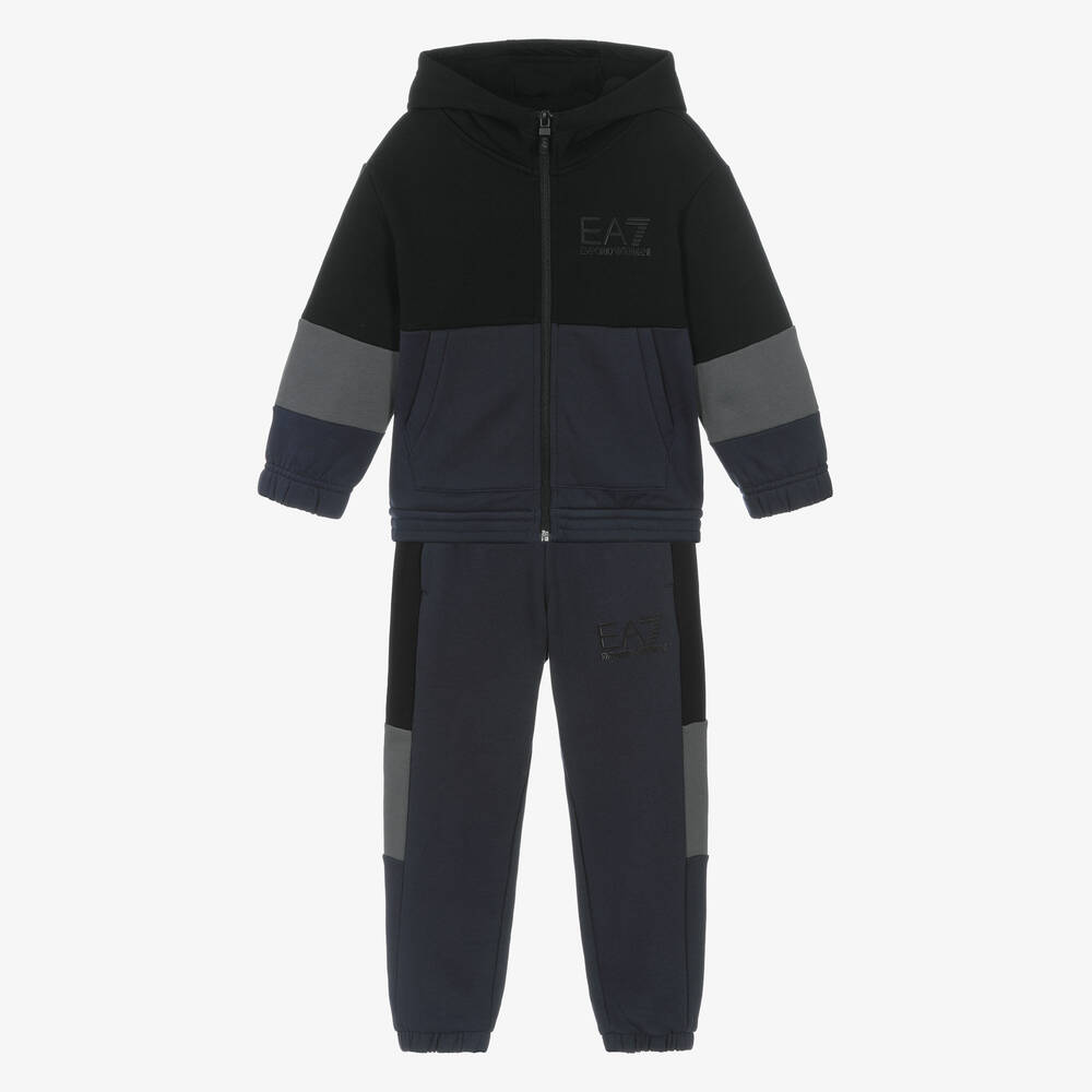 EA7 Emporio Armani Boys Black Navy Blue Cotton EA7 Tracksuit