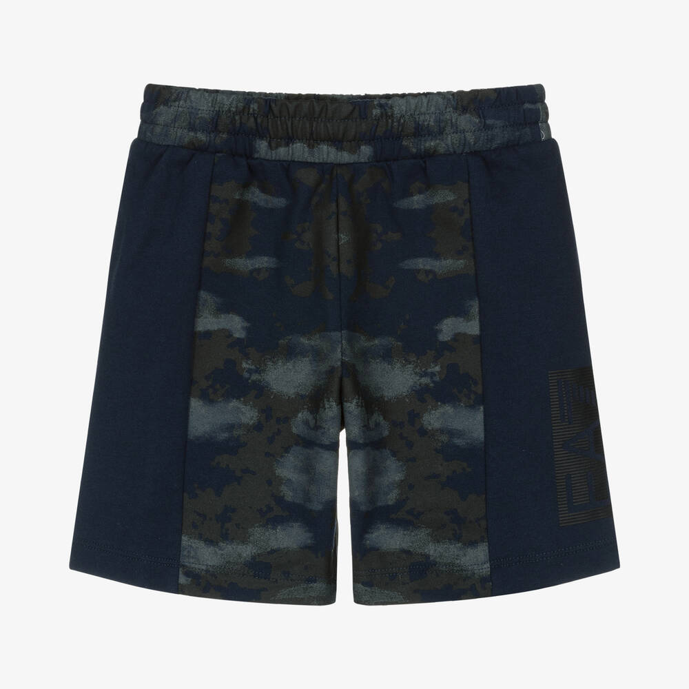 EA7 Emporio Armani - Boys Blue Cotton Camouflage Logo Shorts | Childrensalon