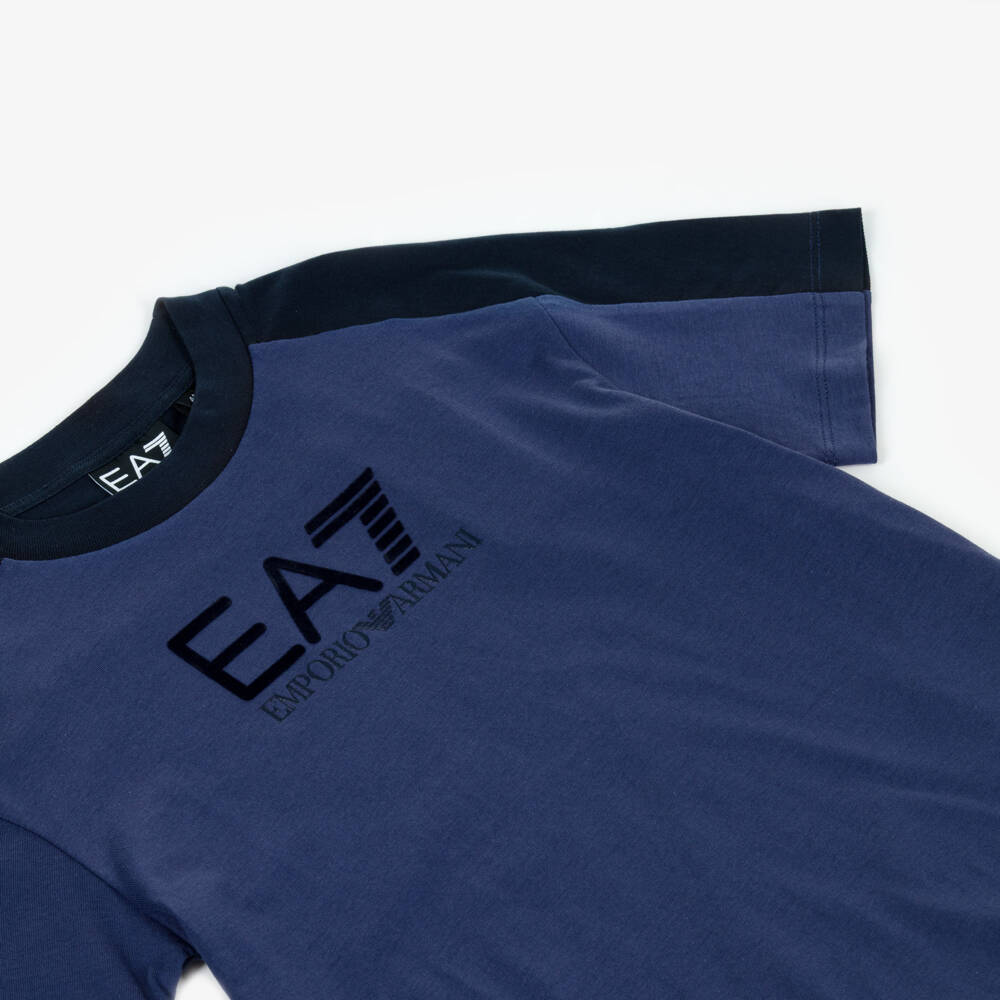 EA7 Emporio Armani-Boys Blue Cotton T-Shirt with Felted Logo | Childrensalon Outlet