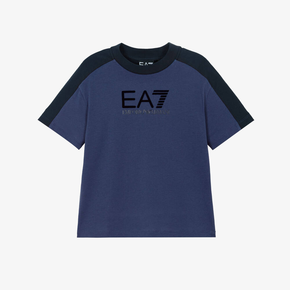 EA7 Emporio Armani-Boys Blue Cotton T-Shirt with Felted Logo | Childrensalon Outlet