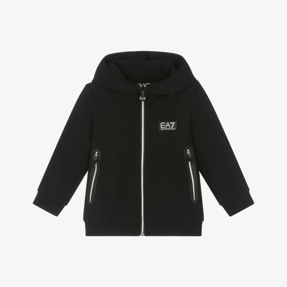 EA7 Emporio Armani-Boys Cozy Black Hooded Zip Jacket | Childrensalon Outlet