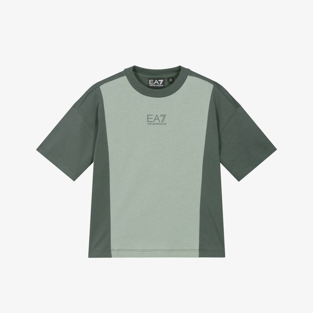 EA7 Emporio Armani-Boys Green Block Pattern T-Shirt | Childrensalon Outlet