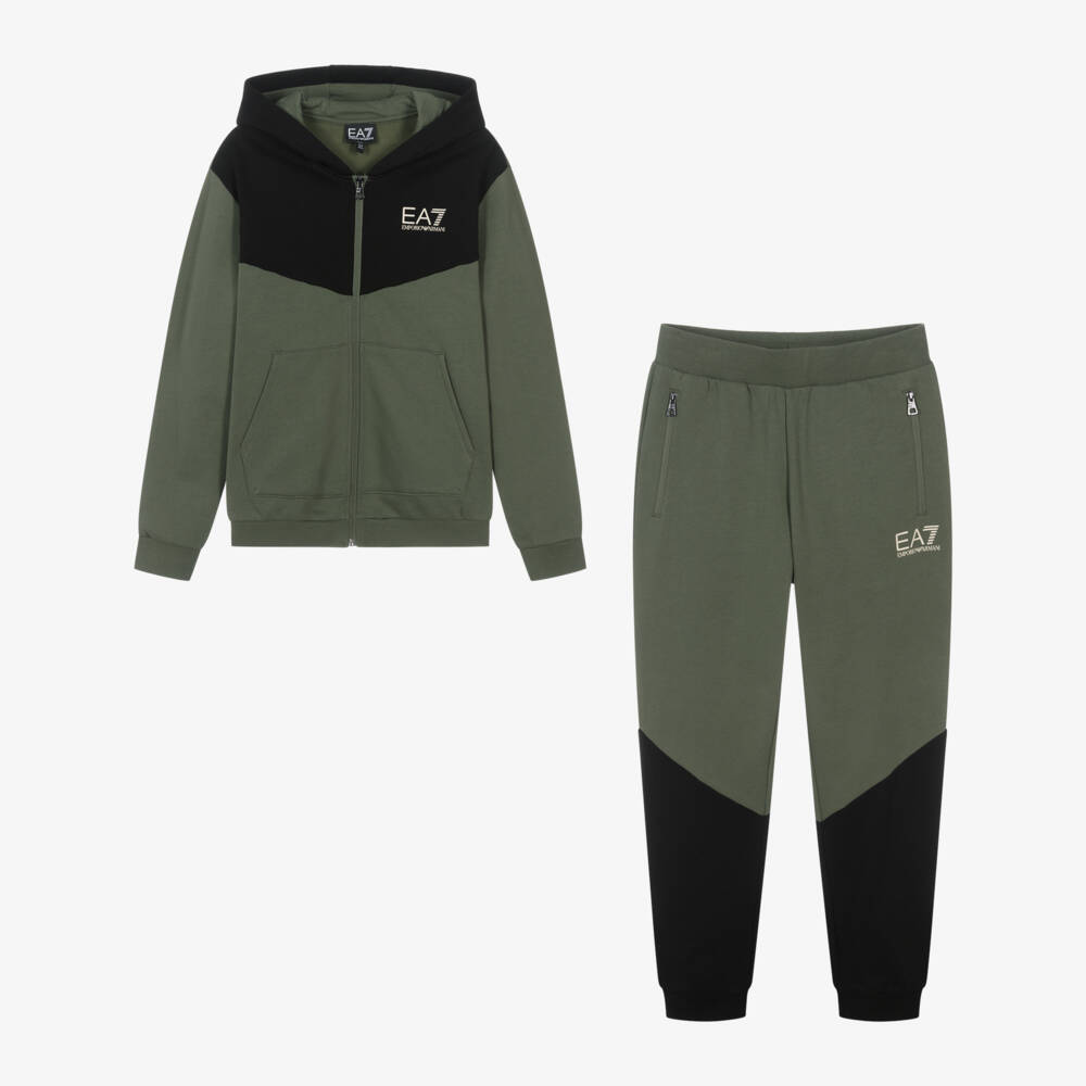 EA7 Emporio Armani-Boys Green Colourblock Cotton Tracksuit | Childrensalon Outlet