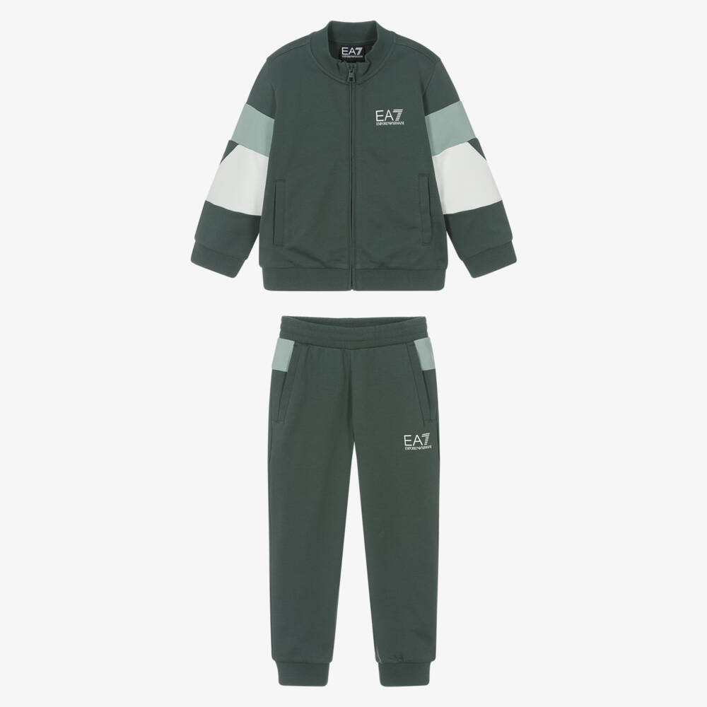 EA7 Emporio Armani-Boys Green Cotton Block Tracksuit | Childrensalon Outlet