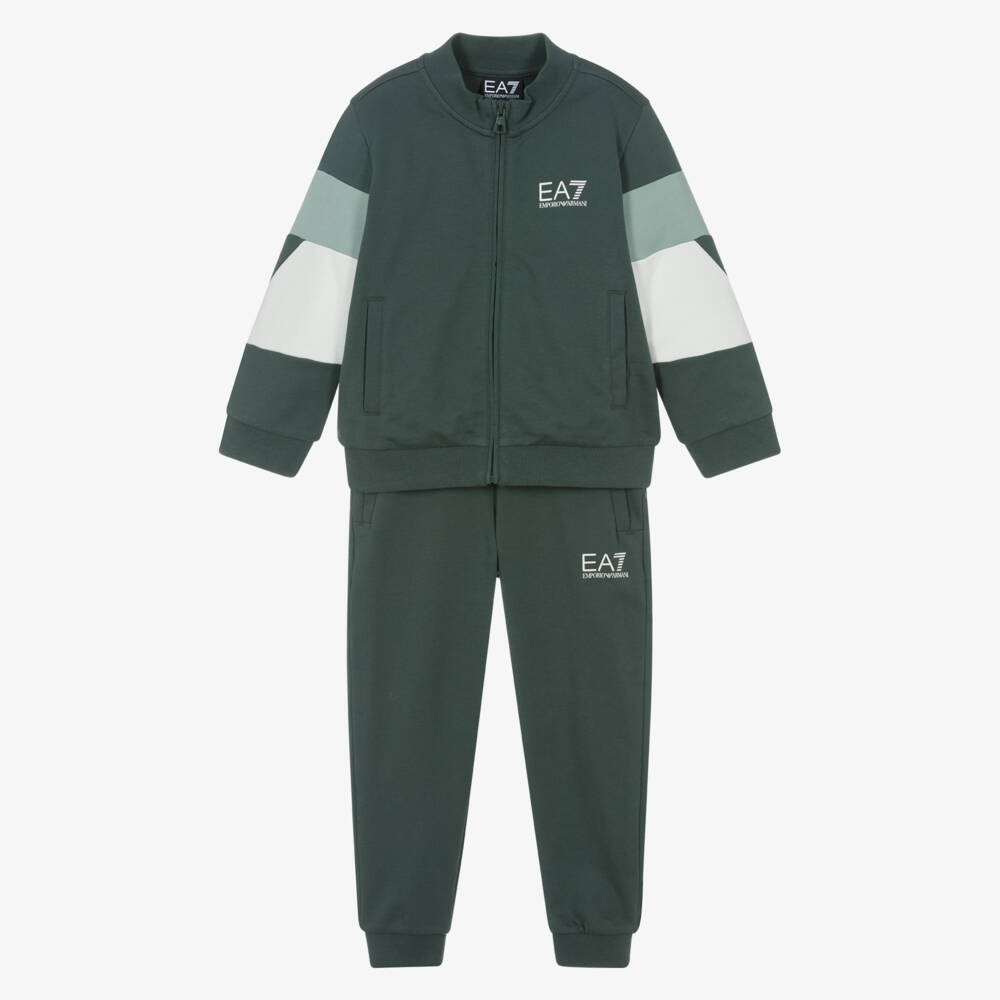 EA7 Emporio Armani-Boys Green Cotton Block Tracksuit | Childrensalon Outlet