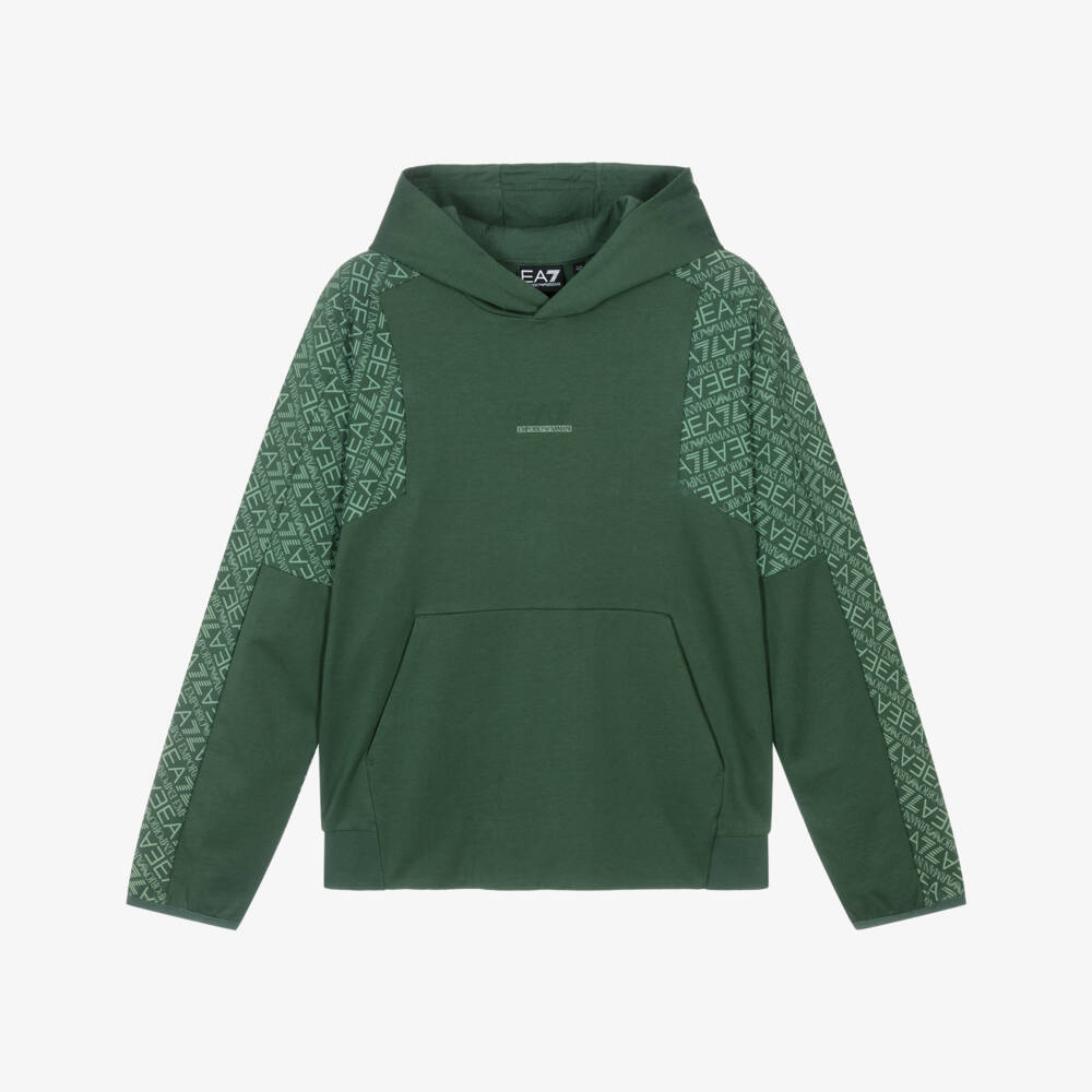 EA7 Emporio Armani-Boys Green Cotton Hoodie with Logo Sleeves | Childrensalon Outlet
