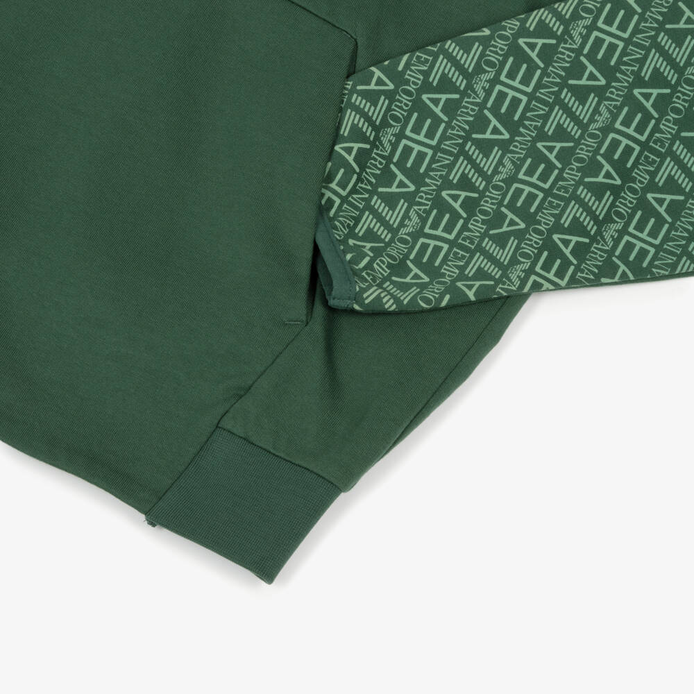 EA7 Emporio Armani-Boys Green Cotton Hoodie with Logo Sleeves | Childrensalon Outlet