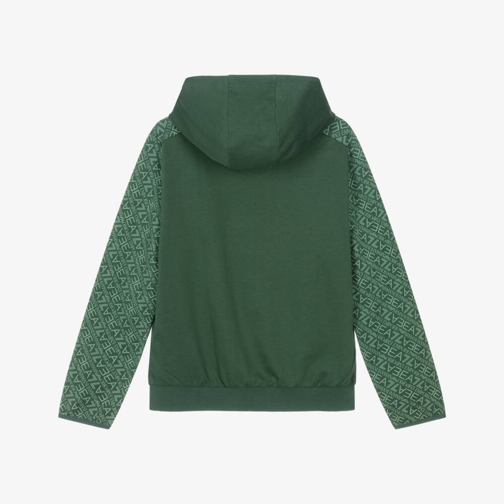 EA7 Emporio Armani-Boys Green Cotton Hoodie with Logo Sleeves | Childrensalon Outlet