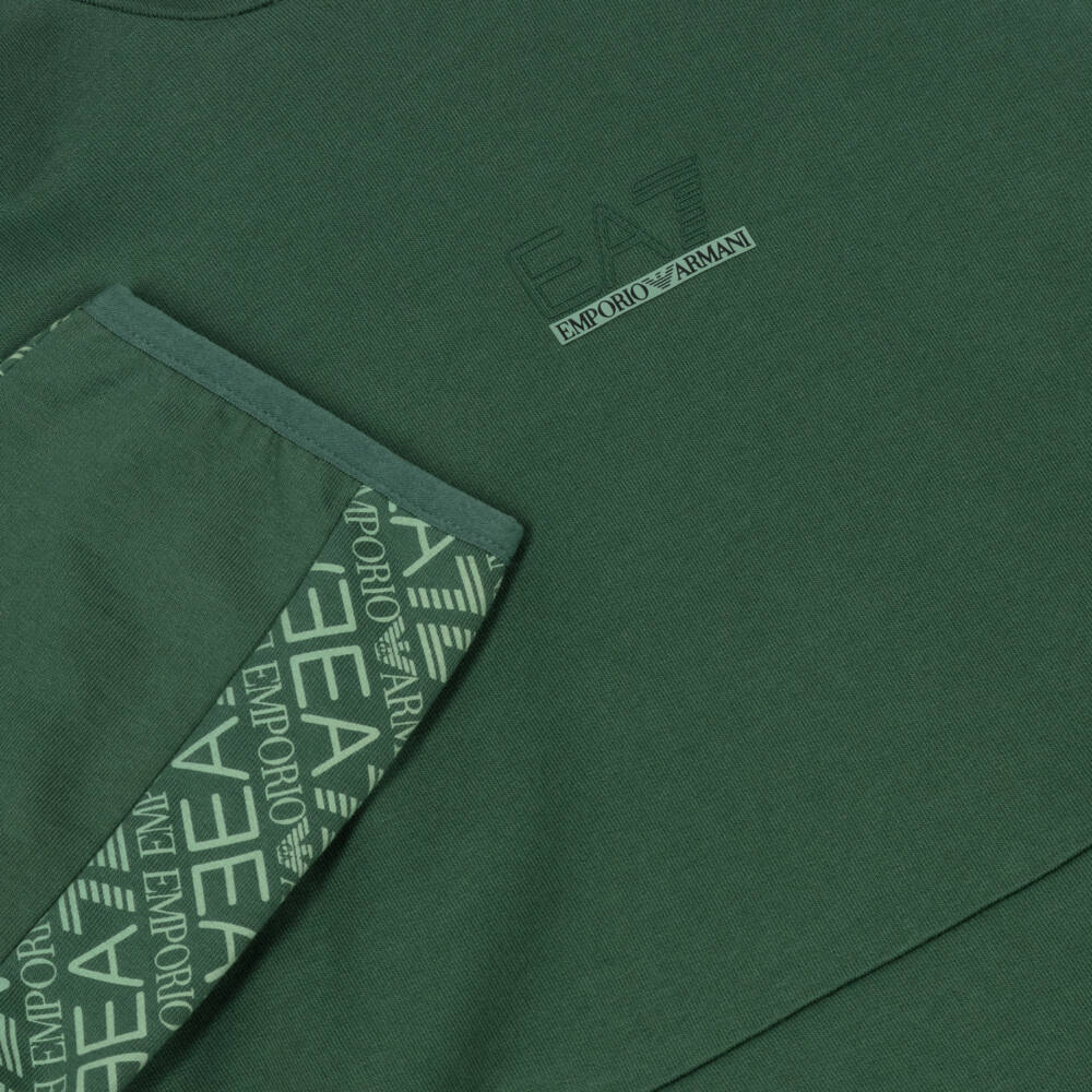 EA7 Emporio Armani-Boys Green Cotton Hoodie with Logo Sleeves | Childrensalon Outlet