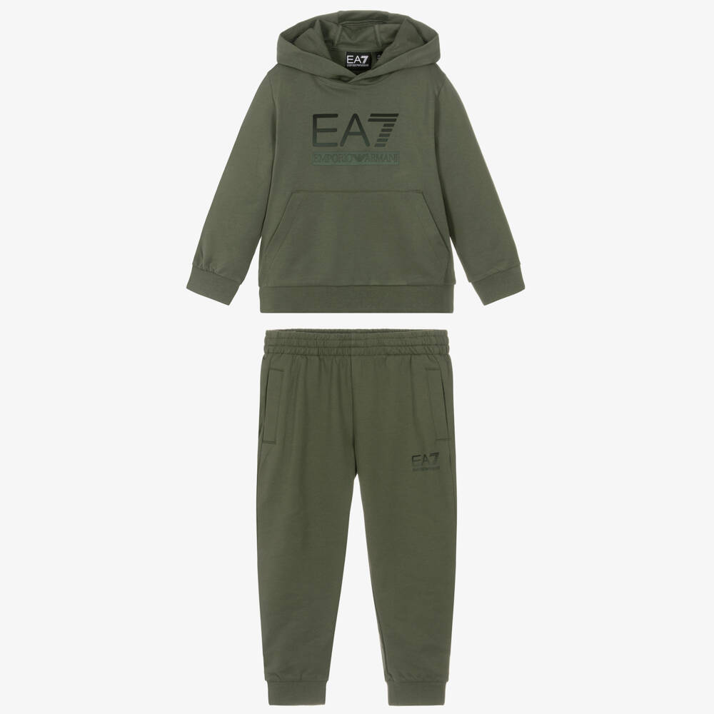 EA7 Emporio Armani-Boys Khaki Green Cotton EA7 Logo Tracksuit | Childrensalon Outlet