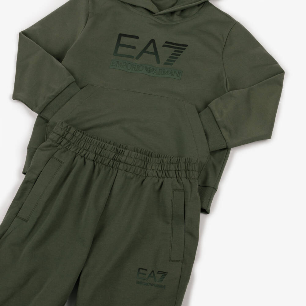 EA7 Emporio Armani-Boys Khaki Green Cotton EA7 Logo Tracksuit | Childrensalon Outlet