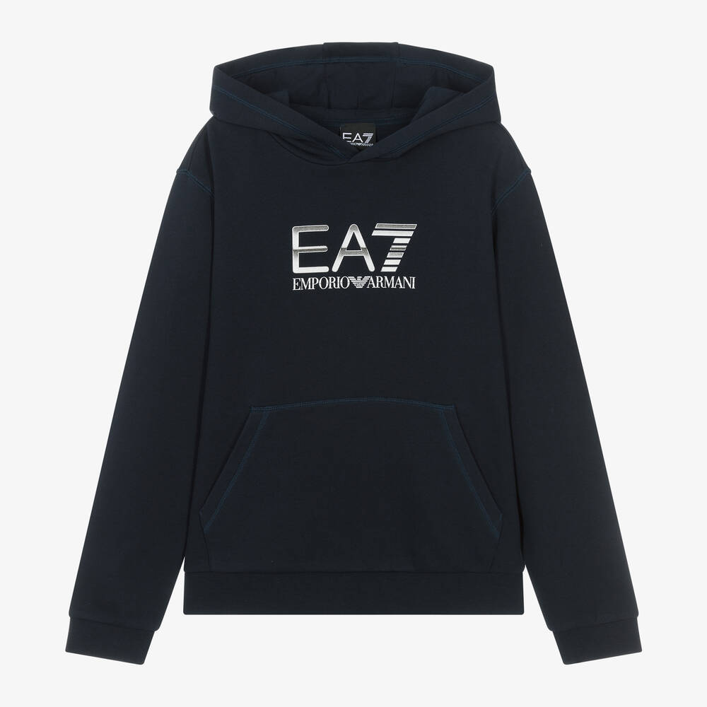 EA7 Emporio Armani-Boys Navy Blue Cotton EA7 Logo Hoodie | Childrensalon Outlet
