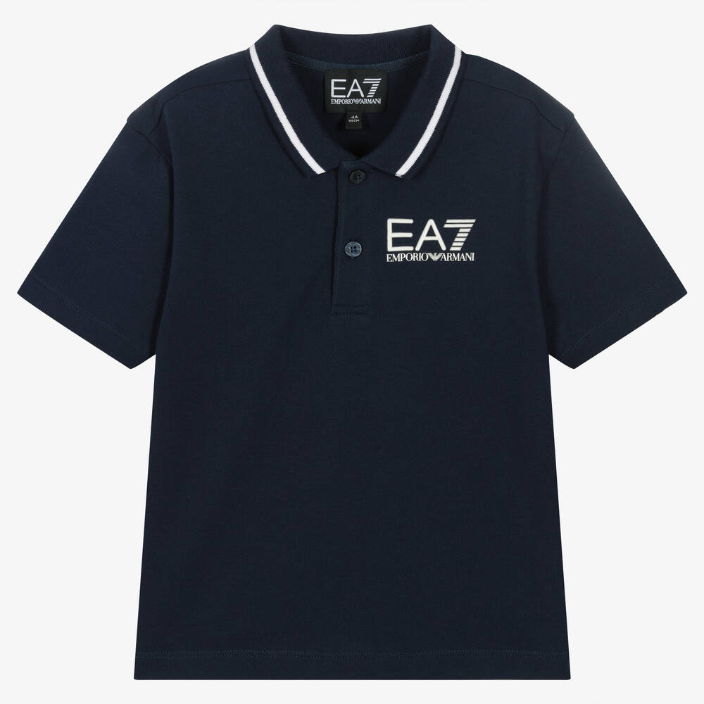 EA7 Emporio Armani - Boys Navy Blue Cotton Logo Polo Shirt | Childrensalon