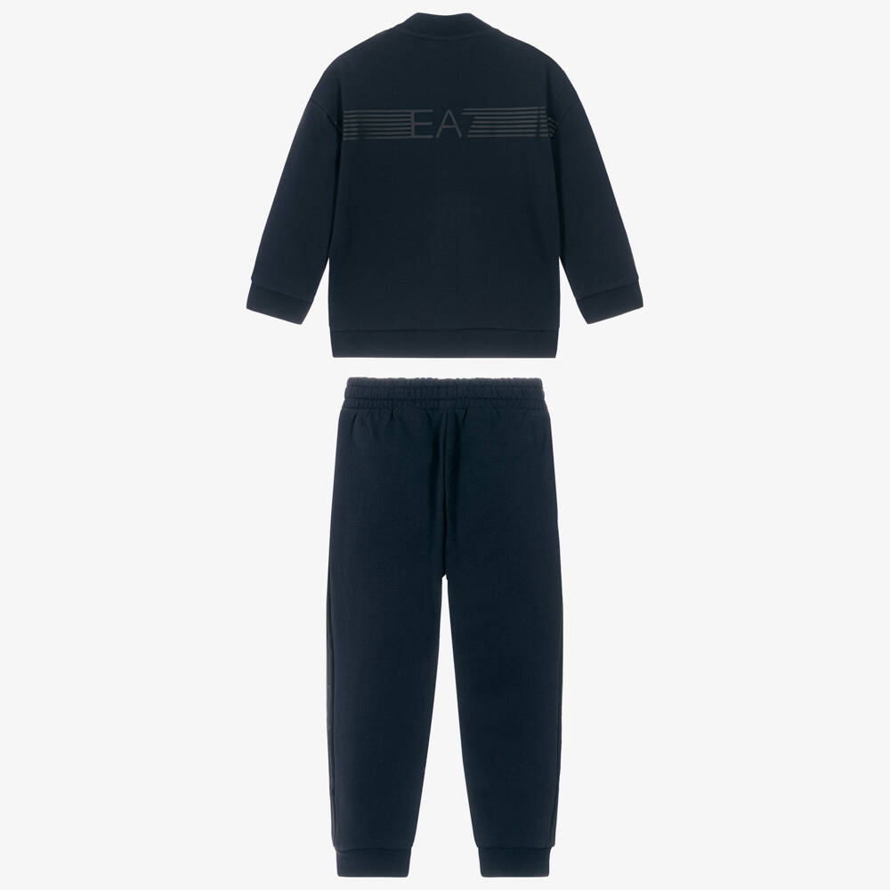 EA7 Emporio Armani-Boys Navy Blue Jersey Tracksuit with White Rubberised Logos | Childrensalon Outlet