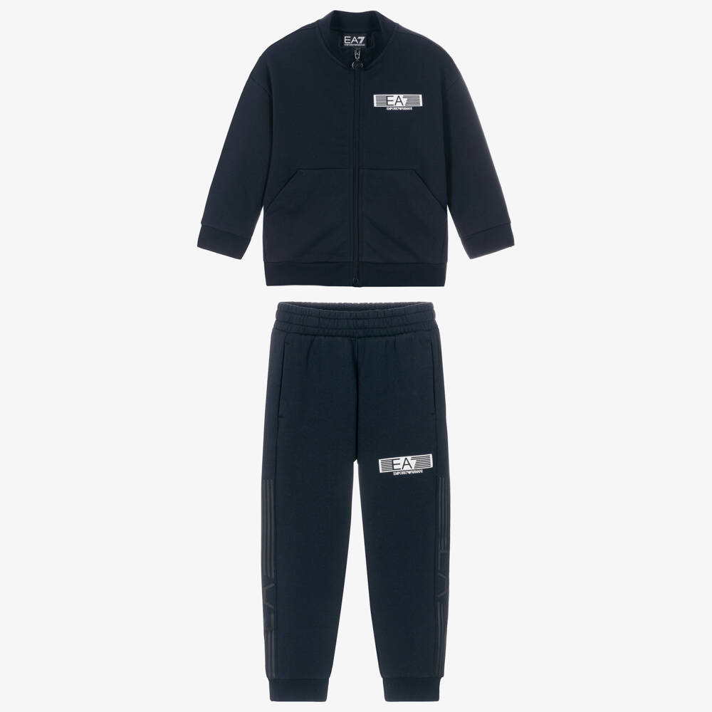 EA7 Emporio Armani-Boys Navy Blue Jersey Tracksuit with White Rubberised Logos | Childrensalon Outlet