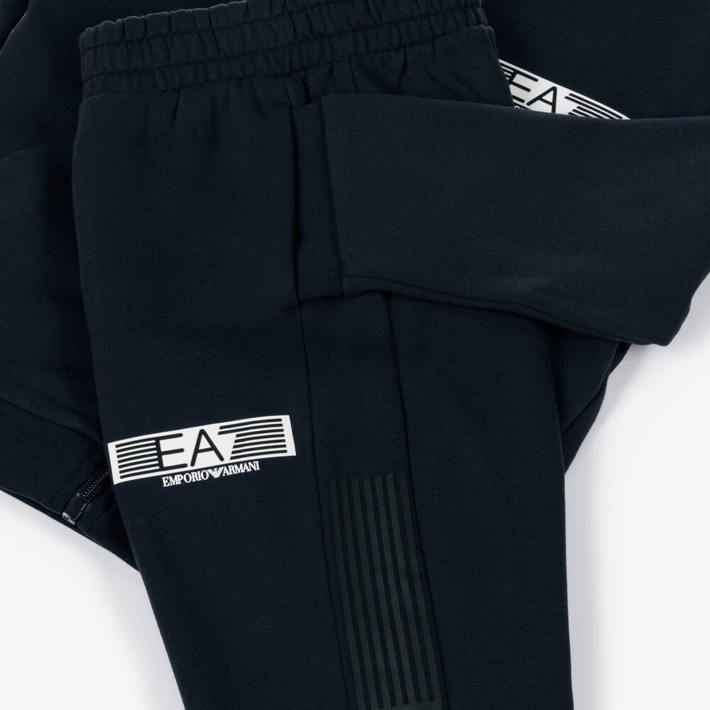 EA7 Emporio Armani-Boys Navy Blue Jersey Tracksuit with White Rubberised Logos | Childrensalon Outlet