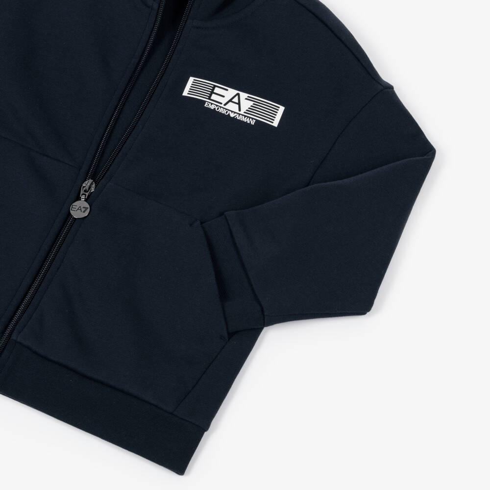 EA7 Emporio Armani-Boys Navy Blue Jersey Tracksuit with White Rubberised Logos | Childrensalon Outlet