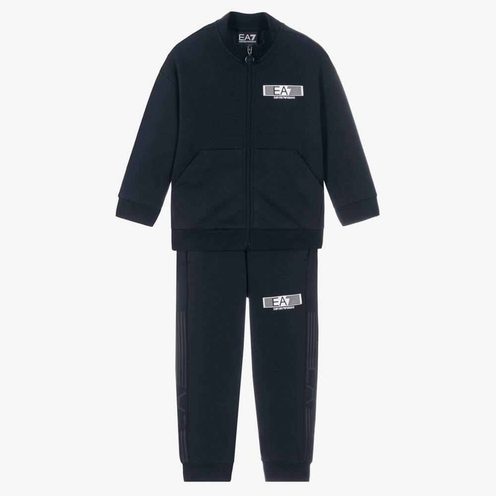 EA7 Emporio Armani-Boys Navy Blue Jersey Tracksuit with White Rubberised Logos | Childrensalon Outlet