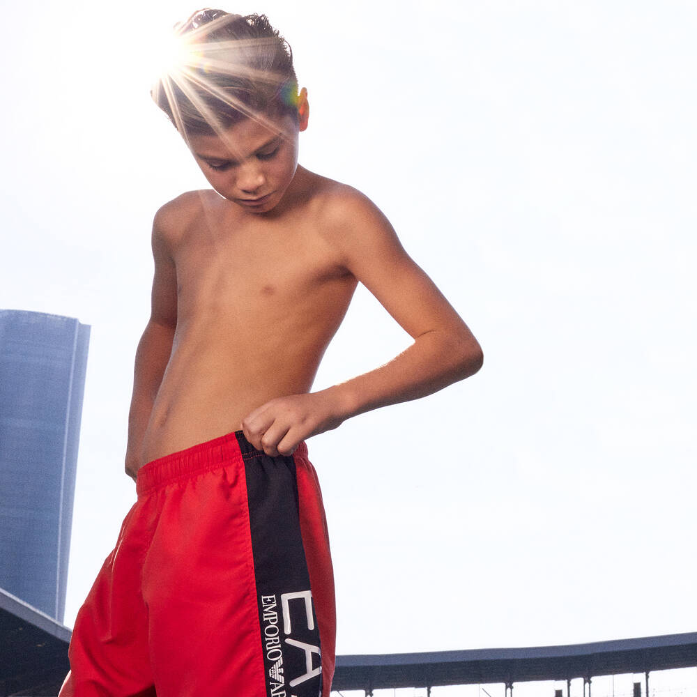 EA7 Emporio Armani-Boys Red & Black Logo Swim Shorts | Childrensalon Outlet
