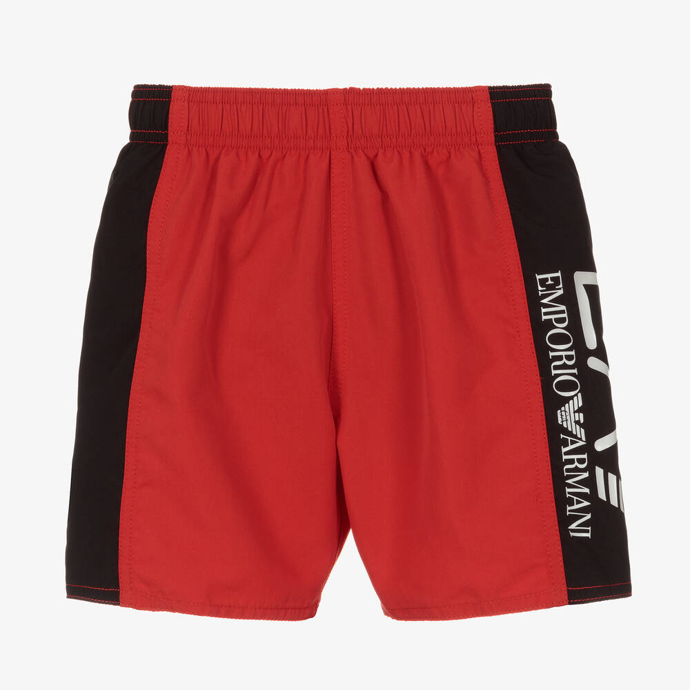 EA7 Emporio Armani - Boys Red & Black Logo Swim Shorts | Childrensalon