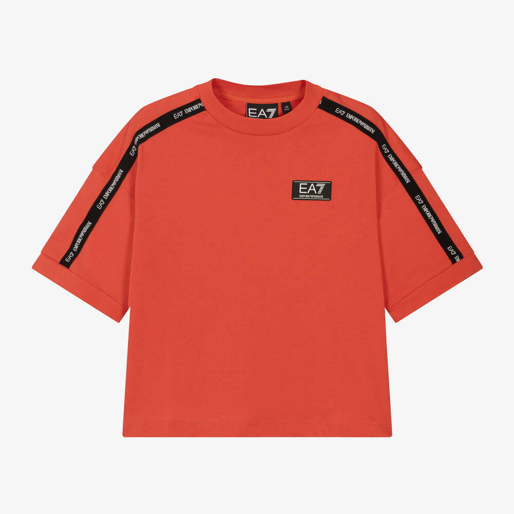 EA7 Emporio Armani-Boys Red Cotton EA7 Logo T-Shirt | Childrensalon Outlet