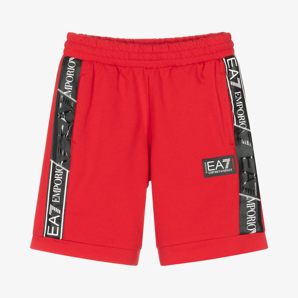 EA7 Emporio Armani - Boys Red Cotton Logo Shorts | Childrensalon